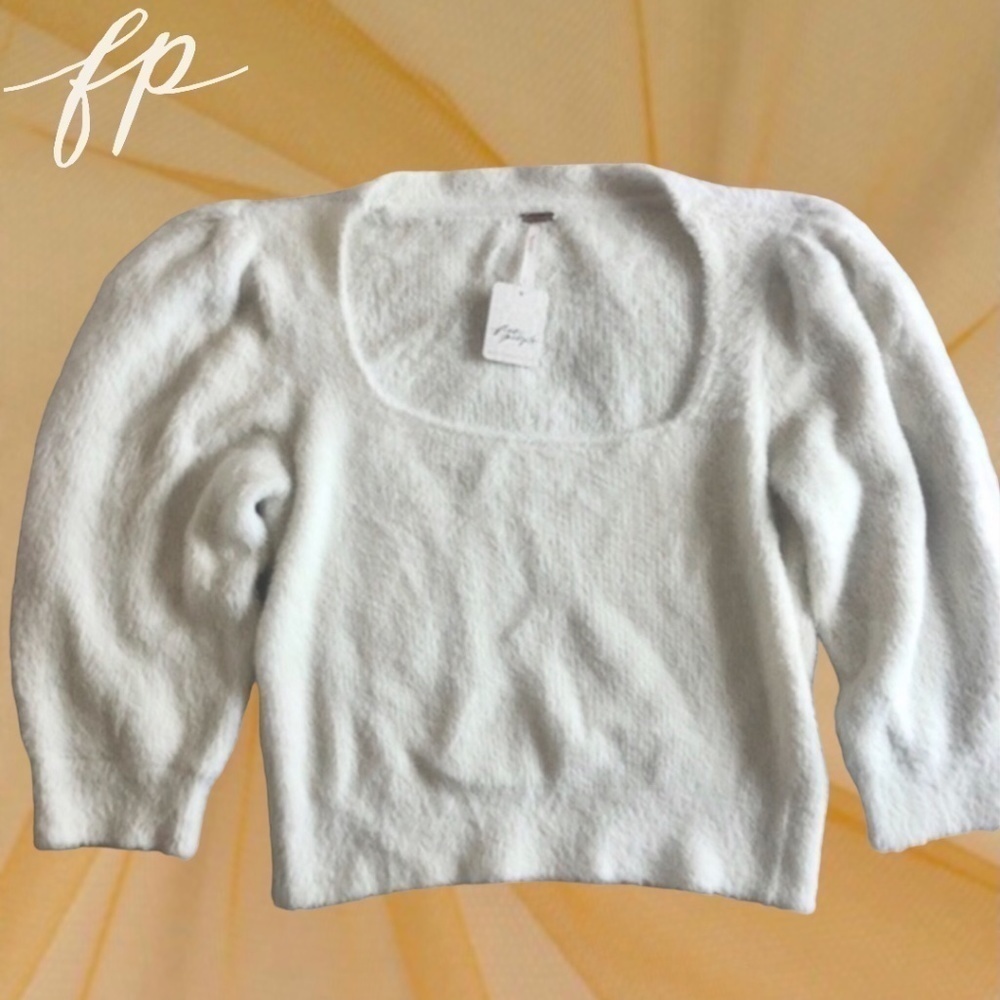 FREE PEOPLE NWT Moonbeam Fuzzy 3/4 Puff Sleeve Cropped Scoop Neck Sweater/Lg - Picture 14 of 16